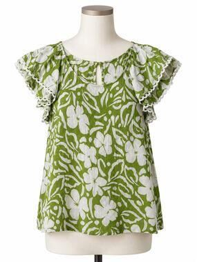 Rachel Zoe Green White Floral Flutter Sleeve Boho Top - Size M